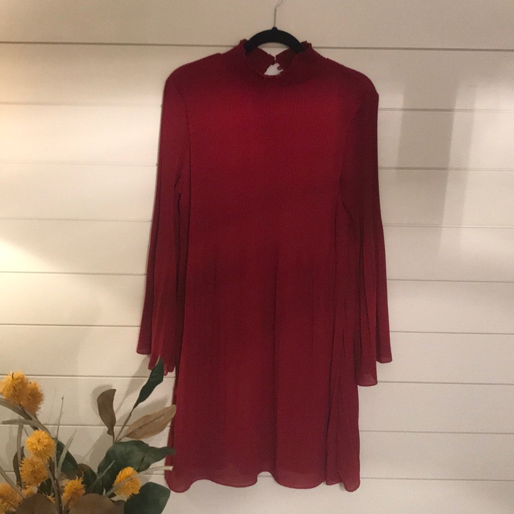 Dark Red Pleated Mock Neck Dress